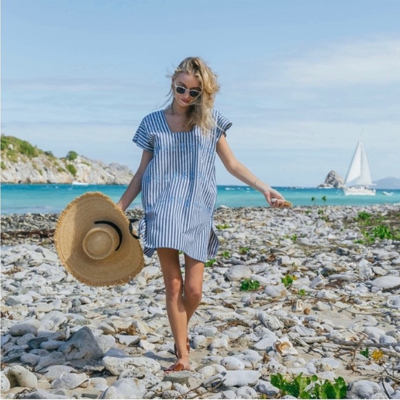Tuckernuck Dresses & Skirts - Tuckernuck Floral Embroidered Striped Sullivan Caftan Blue & White Size Medium